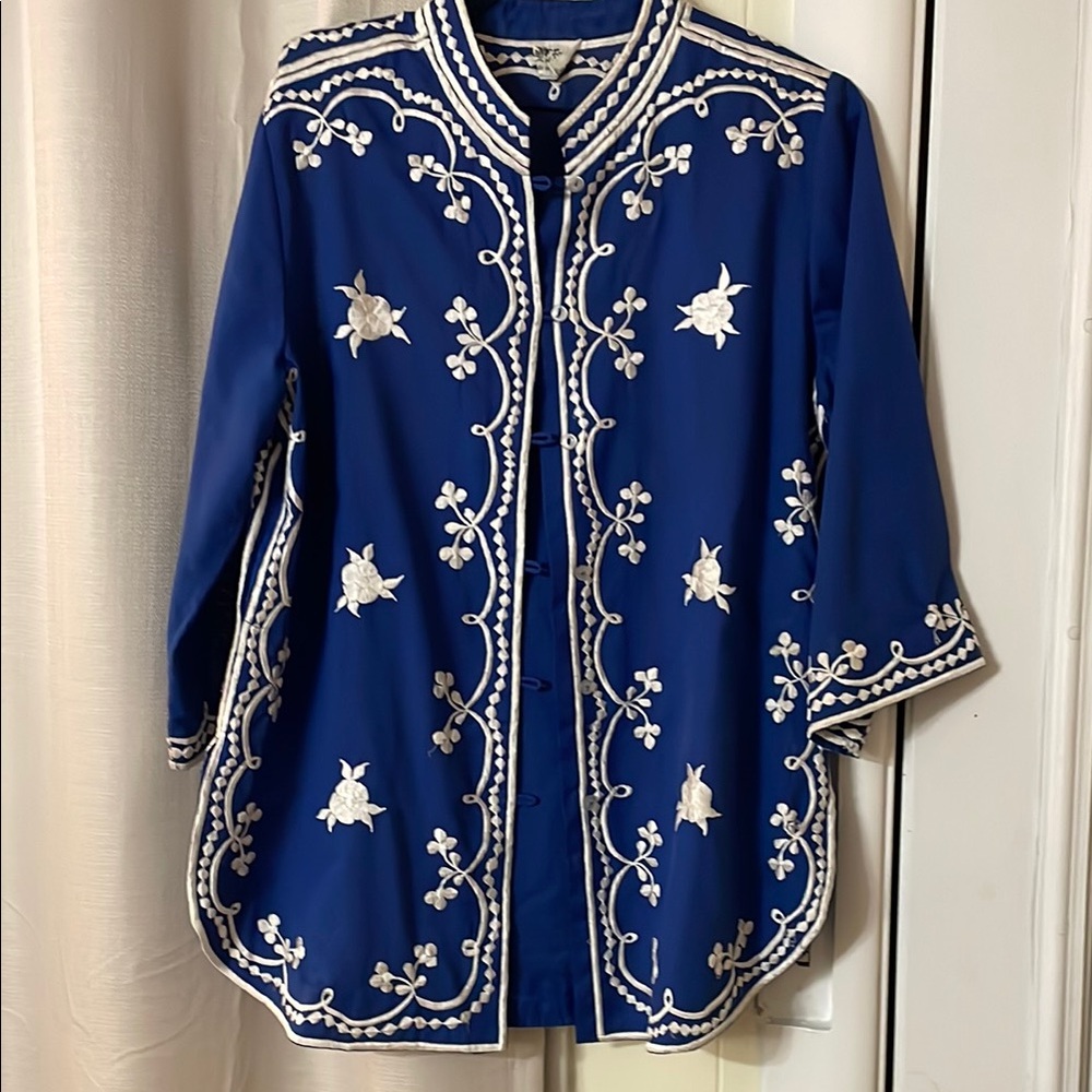 Royal Blue Embroidered Mandarin Collar Blouse